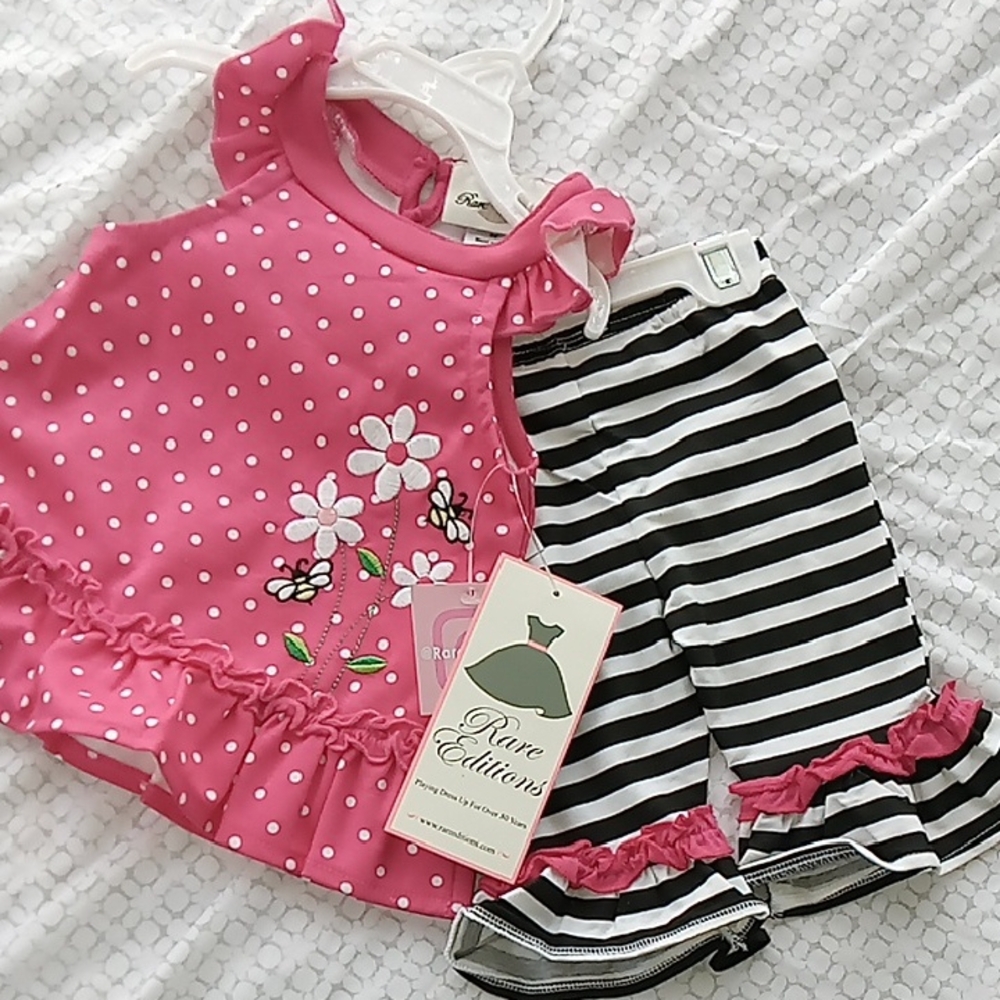 Rare Editions Pink Polka Dot Top and Striped Leggings Set
